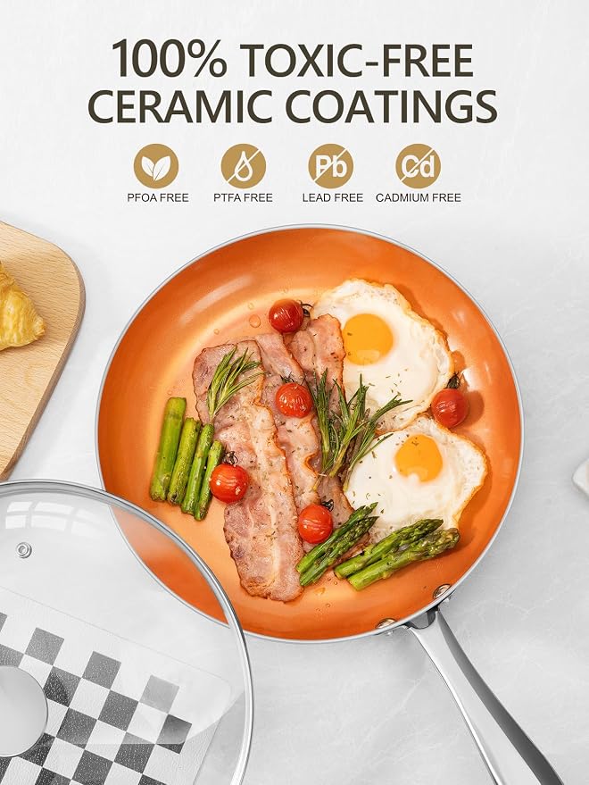 MICHELANGELO 10 Inch Copper Nonstick Frying Pan with Lid, Scratch Resistant Ceramic Coating, Oven and Dishwasher Safe