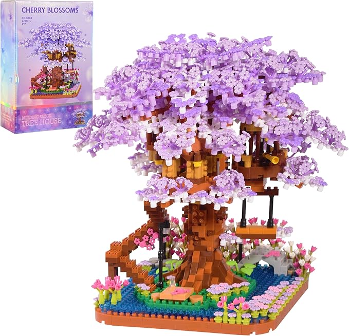 Cherry Blossom Bonsai Tree Micro Building Set Creative Gift for Adults Girls Boys 14+, Japanese Purple Cherry Tree House Micro Blocks Model for Adults, Flowers House 2200PCS