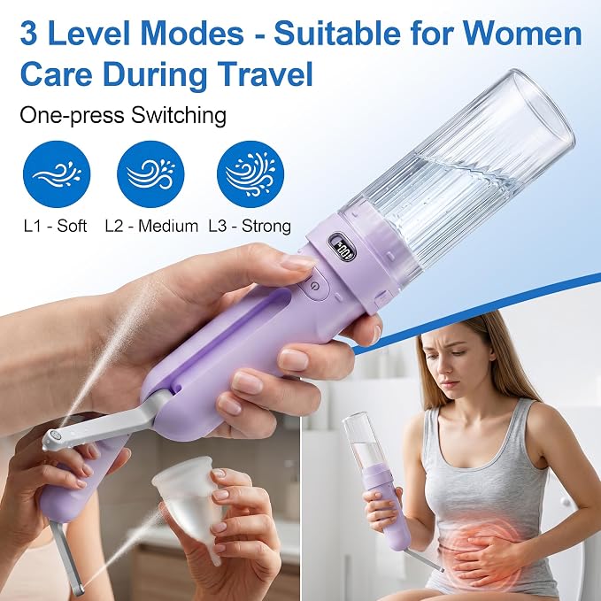 Electric Menstrual Cup Cleaner, Portable Bidet for Feminine Care | Women period essentials Fashionable purple, USB-C rechargeable Adjustable pressure modes IPX7 waterproof, Compact travel size