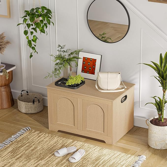 Storage Chest, Wooden Toy Box, Natural 31.5" L | Entryway Shoe Bench, 2 Soft-close Hinges, Finger-safe Flip-Top Lid, Easy Assembly, Farmhouse Large Trunk, Living Room/Bedroom