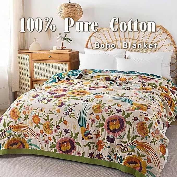 Boho Throw Blanket for Bed 100% Cotton Bohemian Blankets Ultra Soft Woven Muslin Decorative Blankets All Seasons Vintage Quilt Knitted Blanket for Sofa Chair(Beige, 80"x90")