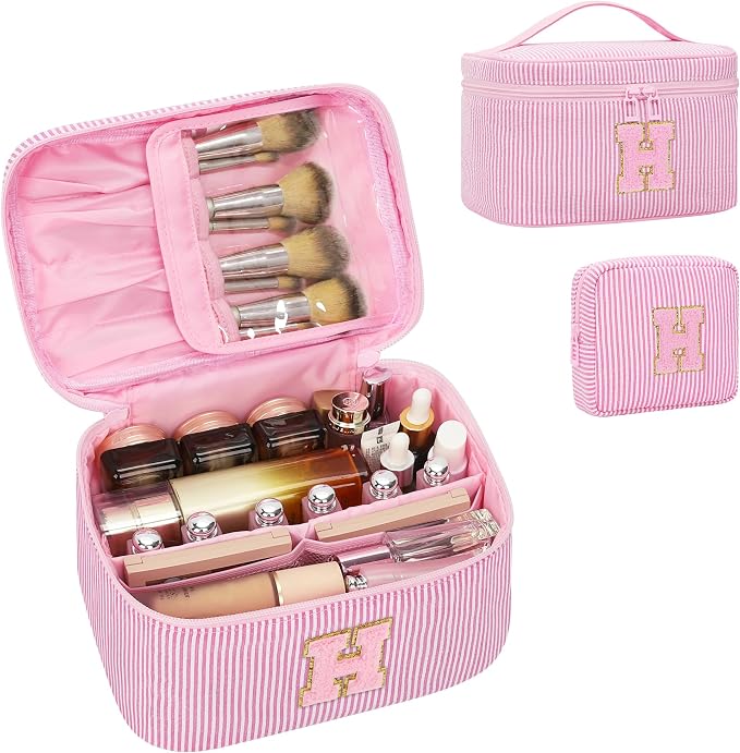 MONSTINA Travel Makeup Bag for Women,Make Up Pouch for Girlfriend Bridesmaid Wife,Birthday Gift for Her Cute Monogram Cute Initial Toiletry Bag Set,2PCS Pink H