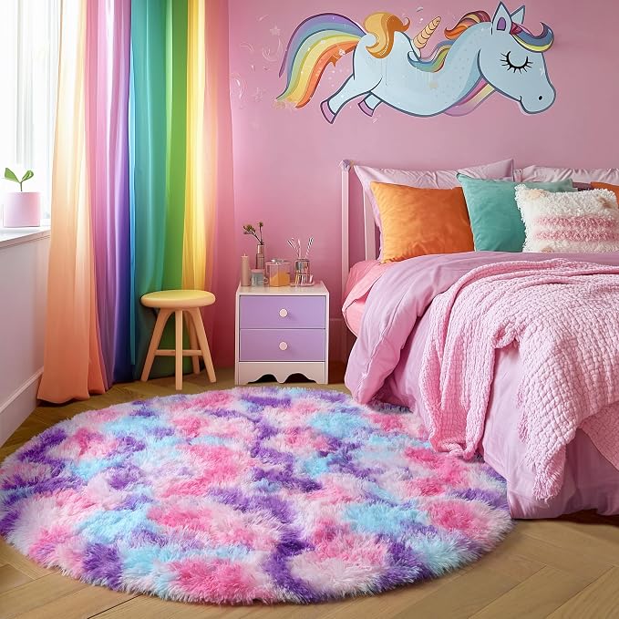 Amdrebio Pink Blue Purple Round Circle Area Rug 5Ft for Girls Bedroom, Fluffy Cute Fuzzy Colorful Pastel Kids Rugs for Nursery Playroom Classroom Dorm, Shag Princess Carpet for Baby Toddler Teen