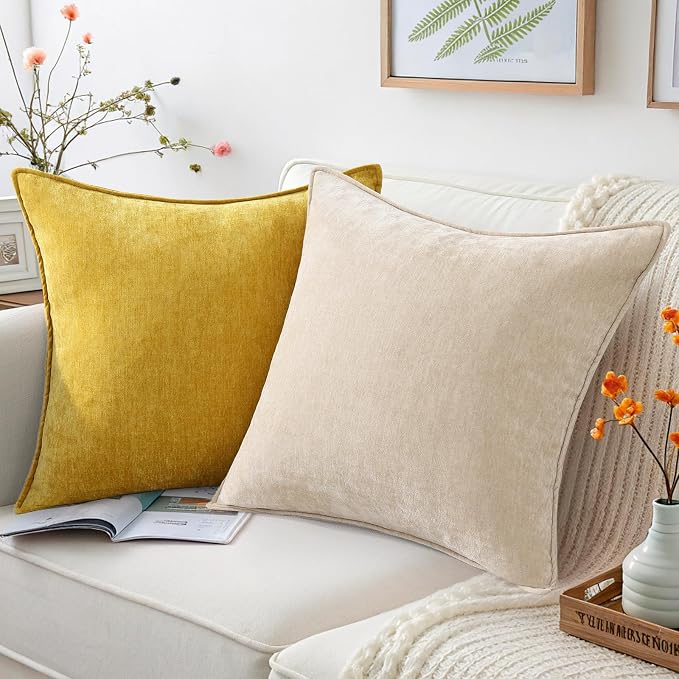 decorUhome Chenille Mineral Yellow Throw Pillow Covers 26x26 Set of 2 | Fall Soft Euro Sham Couch Decorative Modern Velvet Pillow Cases with Elegant Design for Sofa Bed Living Room Home Decor