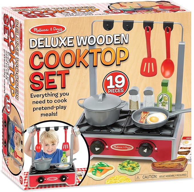 Melissa & Doug 19-Piece Deluxe Wooden Cooktop Set with Wooden Play Food, Durable Pot and Pan