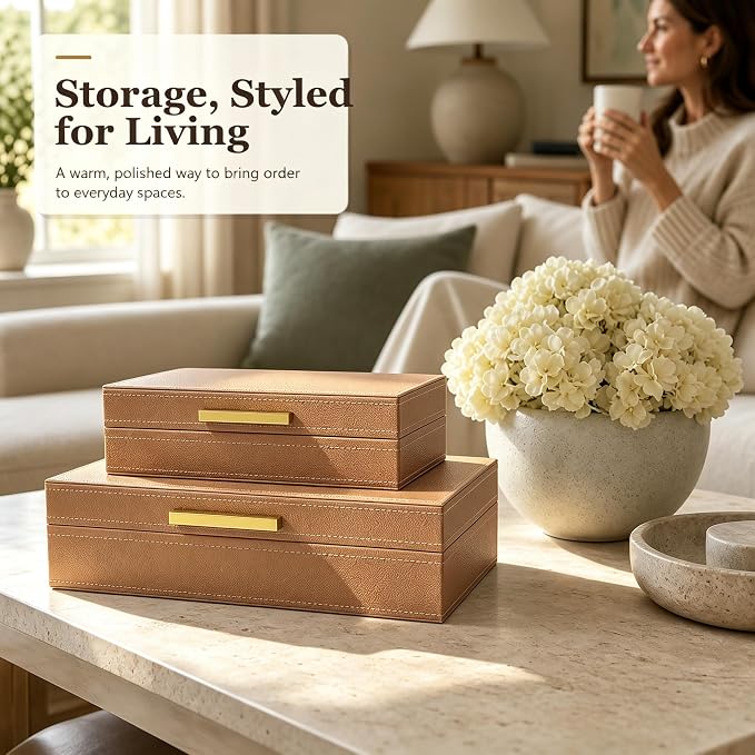 Decorative Storage Boxes with Lids, PU Faux Leather, 2 Pack, Brown | Bookshelf Home Decor Box with Gold Metal Handle, Store Photos, Documents and Memory Box Keepsakes