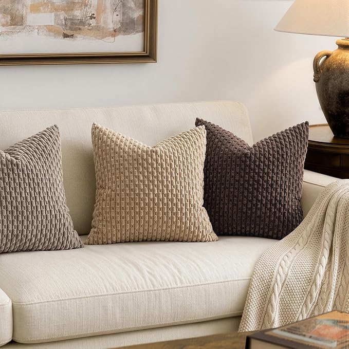 MIULEE Decorative Throw Pillow Covers 16x16 Neutral Tan Textured Corduroy | Pack of 2 Striped Pillow Covers Modern Farmhouse Fall Home Decor for Couch Bed Sofa Living Room