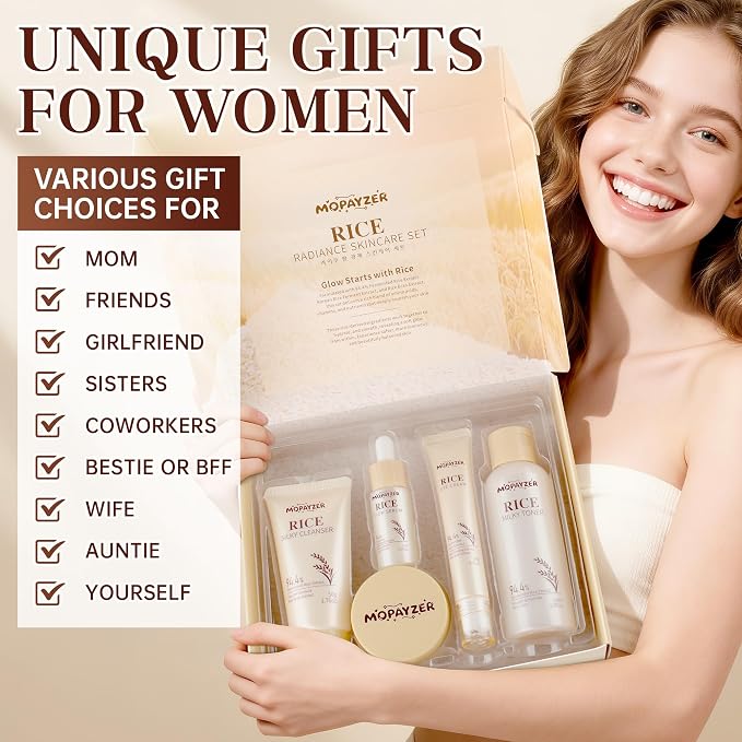 7PCS Rice Skincare Set Gift Box, Korean Skin Care Set for Women Teens Girls, Rice Cleanser Toner Serum Face Cream Eye Cream Sunscreen with Towel Bear Ornament, Hydrating Daily Face Care Kit