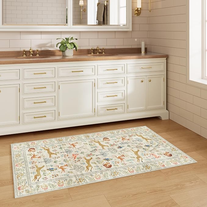 DUKINO 2x4 Rug for Entryway, Animal Washable Runner Rug for Kitchen, Beige | Non Slip, Low Pile, Stain Resistant Thin Indoor Carpet for Hallway, Bedroom, Bathroom, Laundry, Pet Friendly, Non-Shedding