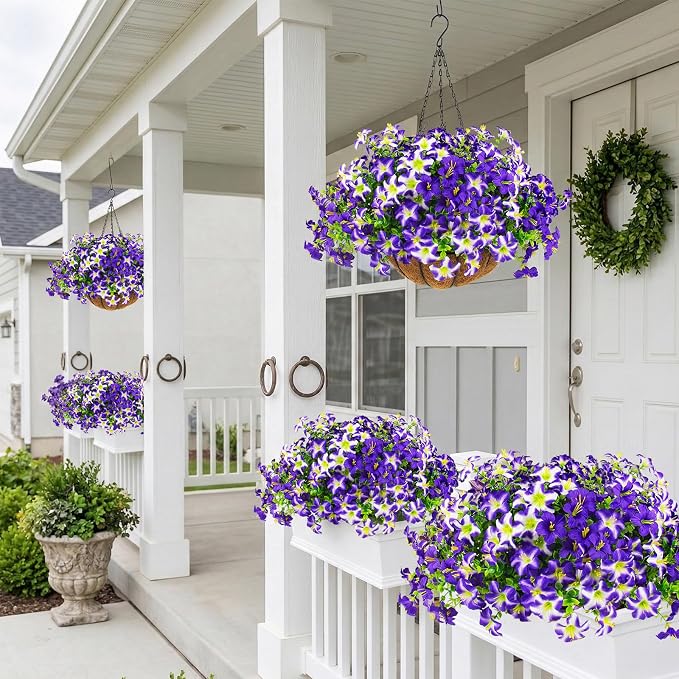 2 Set Artificial Petunias Flowers with Hanging Baskets, 24 Pcs Silk Petunia UV Resistant Purple Faux Petunias Flowers with Hanging Planter for Front Door Porch Spring Outside Decor (2, Purple)