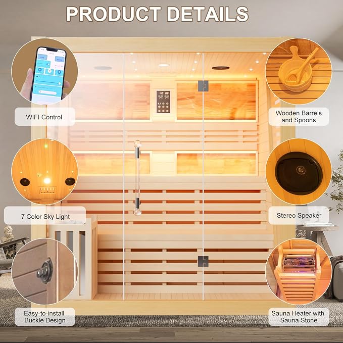 Smartmak Wood Home Steam Sauna, WiFi Control 6 Person Canadian Hemlock Traditional Luxurious Wooden Indoor Spa Room, with 6 kw Heater, Speaker, Rocks, Water Bucket, Spoon, Sky Lights