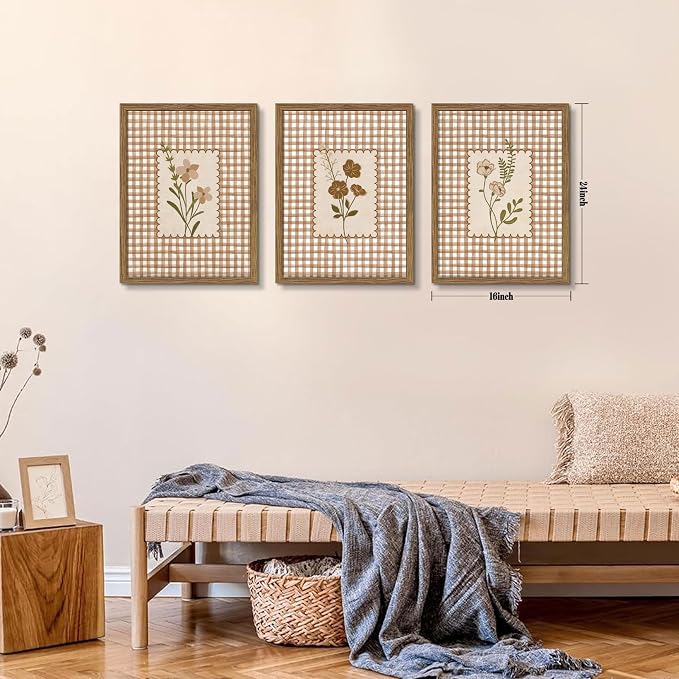 Framed Vintage Floral Wall Art Set of 3, Neutral Wildflower Botanical Canvas Wall Decor Paintings, Cottagecore Gingham Flower Posters Prints Pictures for Living Room Bedroom Bathroom 16x24 Inch