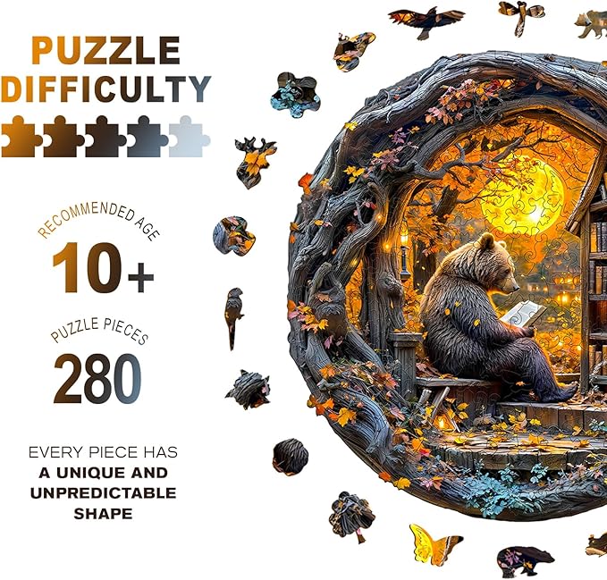 Wooden Puzzles for Adults - Reading Bear Wooden Jigsaw Puzzle, Unique Animal Shaped Wood Puzzles Adult, Christmas Birthday Gifts for Friends/Family, Home Decor 13.4 * 13.4in 280pcs