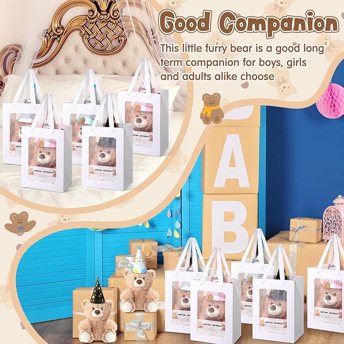 HyDren 12 Sets Adopt a Bear Favors Includes 10 Inch 12 Mini Stuffed Bear Plush Bulk Adoption Cards Birthday Hats with Bags for Adopt a Pet Party Birthday Supplies Gifts