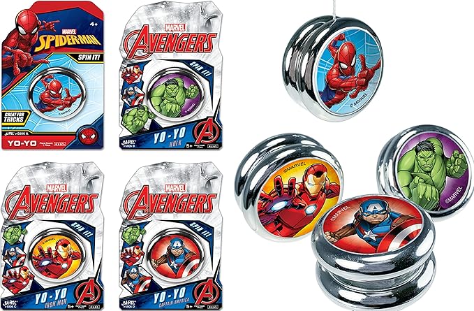 JA-RU Marvel Avengers & Spiderman Beginner Yoyo (4 Yoyos) Super Hero Yoyo for Kids, Boys & Girls. Auto Return & Responsive Yoyo. String Trick. Classic Vintage Toy Gifts & Stocking Stuffers. 6806-4