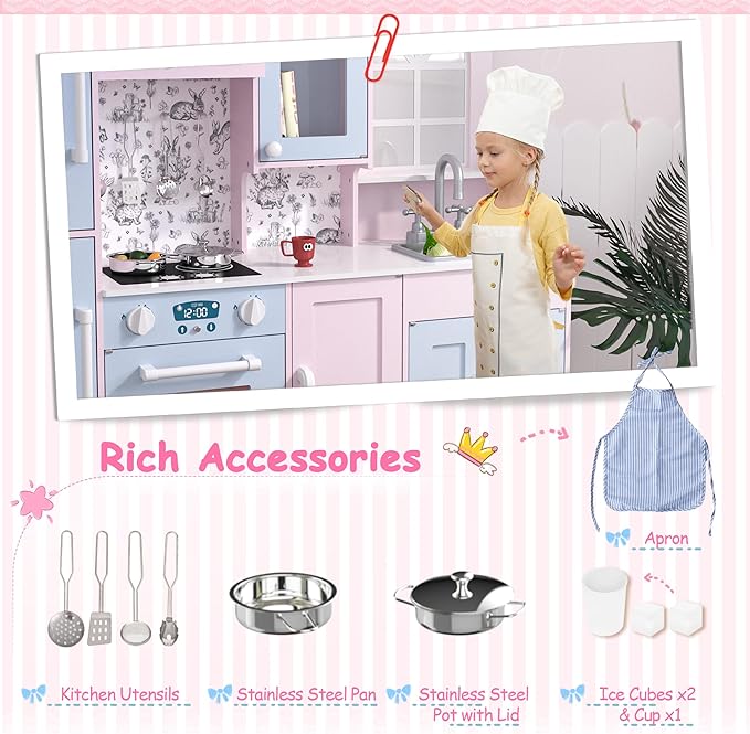 BRINJOY Play Kitchen for Kids, Wooden Kids Kitchen Playset w/Faucet, Sink, Stove, Oven, Window, Cookware, Storage Cabinets, Toddler Role Play Kitchen Pretend Play Toy Set Gift for Girls Boys Ages 3+