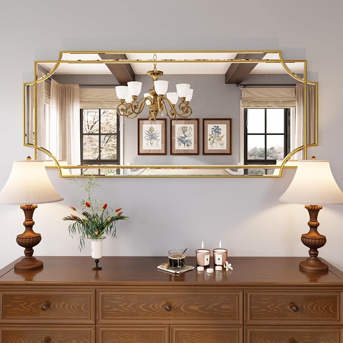 Kelly Miller 26"x52" Gold Foil Scalloped Edge Decorative Vanity Wall Mirror | Hand-Applied Gold Foil Finish. HD Mirror With French Cleat. Elegant Beveled Wall Mirror Decor For Bathroom Bedroom Entryway.