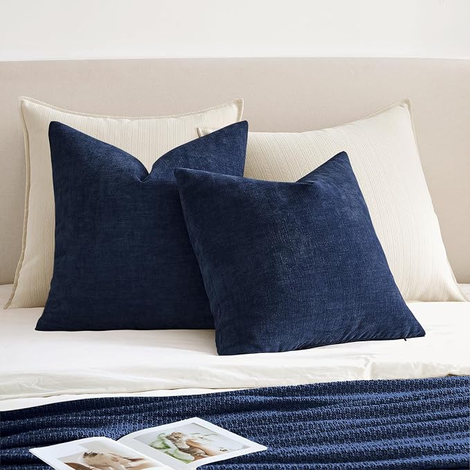 MIULEE Navy Chenille Couch Throw Pillow Covers, 18x18 | Set of 2, Soft Coastal Home Decor, Modern Farmhouse Decorative Pillowcases for Sofa Living Room Bed