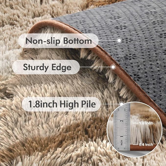 4x6 Ft Shag Area Rug for Bedroom Living Room, Tie-Dyed Ultra Soft Fluffy Furry Rugs for Indoor Floor, Aesthetic Carpet for Kids Home Decor (Khaki)