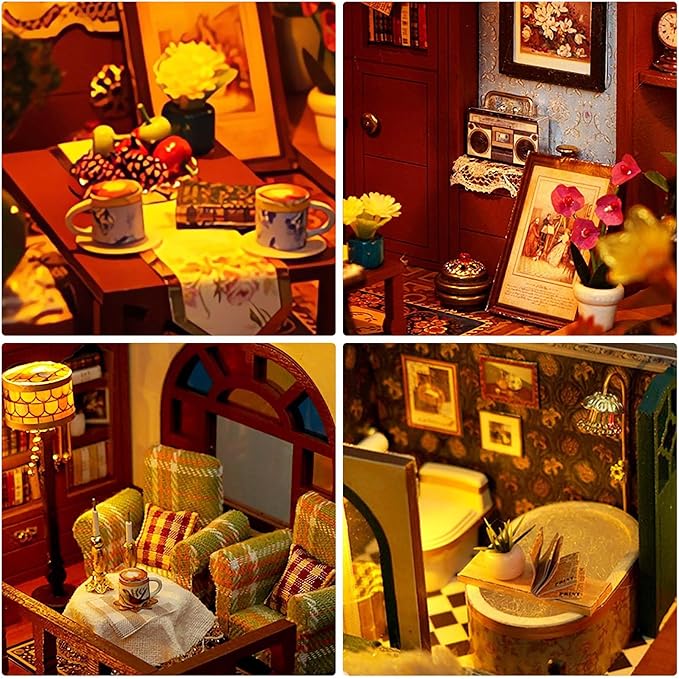 Foyucool DIY Miniature House Kit, Dollhouse Kit with Light and Dust Cover, Mini House Building Kits for for Adult to Building, Christmas Home Decorations Gifts for Family and Friends, Retro Loft