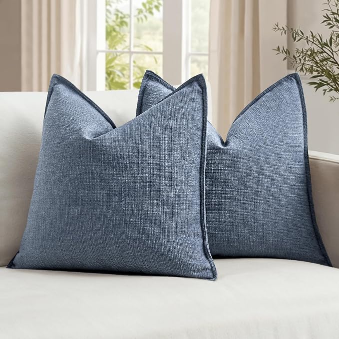 MIULEE Thick Textured Decorative Throw Pillow Covers 20x20 Inch Blue | Set of 2, Linen Blend Pillow Cover, Flange Edge Design, Farmhouse Modern Boho Style, Bed Couch Living Room Decor