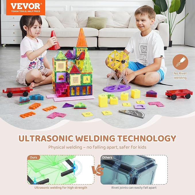 VEVOR Magnetic Tiles, 181 PCS Magnetic Blocks for Kids, Magnet Building Set with Car Bases/Ferris Wheel/Letter & Digital Cards, STEM Construction Stacking Toys for Toddlers Boys Girls Aged 3 Years