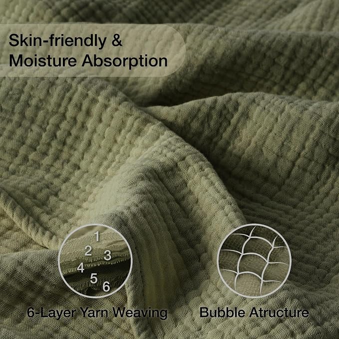 100% Cotton Muslin Blanket 50" x 60", Breathable and Lightweight Cotton Throw Blankets for Couch, Soft Cooling Summer Gauze Blanket for Adults All Season, Olive Green