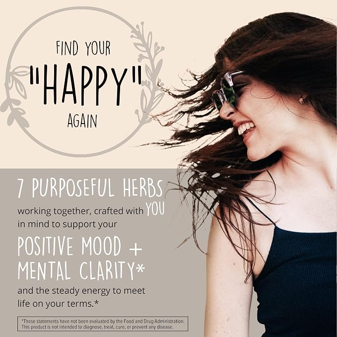 Joy-Filled Mood Support Supplement - 7 Herb Complex + St. Johns Wort | Stress Relief – Helps Calm The Mind & Body | 100% Plant-Based Happy Pills, Ashwagandha, Rhodiola Rosea | Adaptogens, 60 Ct