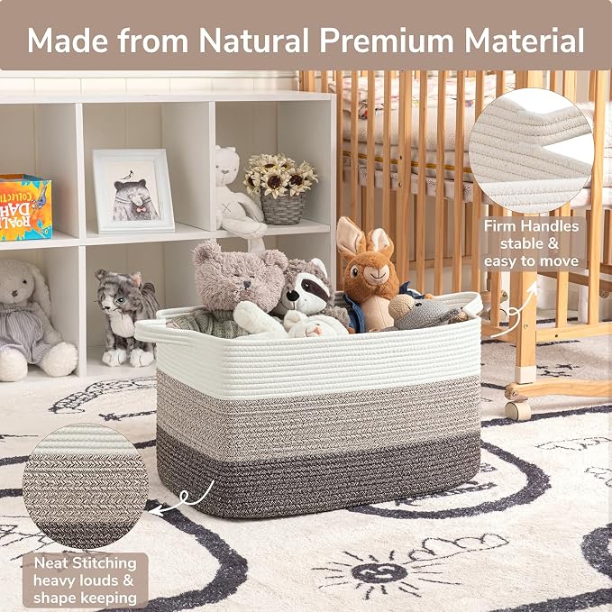 Goodpick Large Woven Rope Blanket Basket, Rectangle, White Brown | 21.6'' x 14.9'' x 11.8'' Storage Basket for Blankets & Toys, Living Room, Bedroom & Nursery Organization, Reinforced Handles