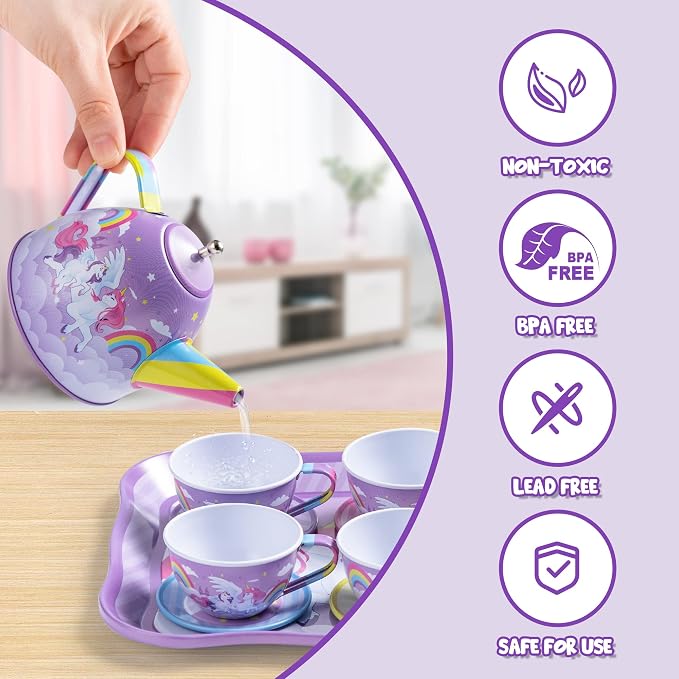 JOYIN Unicorn Tea Party Set for Little Girls, Pretend Purple Tin Teapot Set, Princess Tea Time Play Kitchen Toy with Teapot, Cup, Plate, Carrying Case for Kids Toddler Age 3+, Birthday Gifts