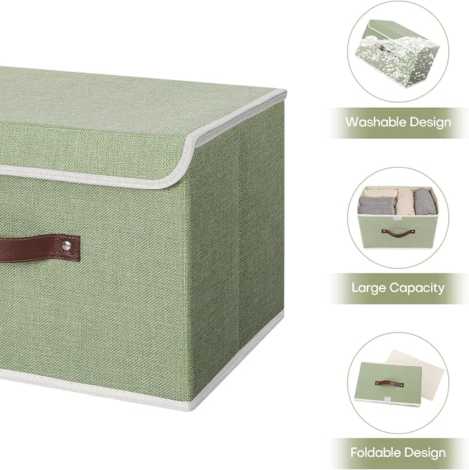 ANMINY Fabric Storage Box Bins with Lids, Green, 15"x10"x10", 4 Pack | Keepsake Memory Storage, Cotton Linen, PP Board Reinforced, Washable, PU Handles, Foldable & Stackable, Decorative, Large