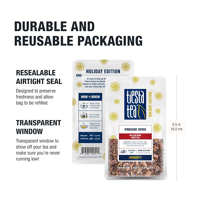 Tiesta Tea - Fireside Spice, Loose Leaf, Mulled Wine Herbal Tea, Premium Non-Caffeinated Holiday Blend, Make Hot or Iced, Brews Up to 25 Cups, 1.5 Ounce Resealable Pouch