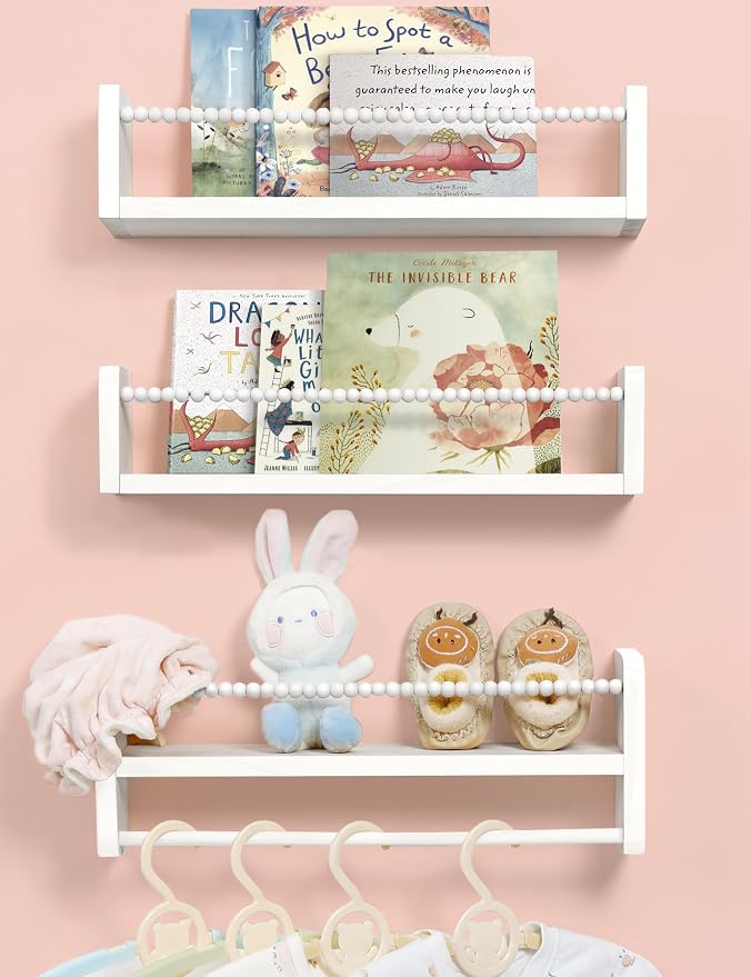 Maxpeuvon Nursery Book Shelves for Wall, White Floating Shelves Set of 3 | Natural Wood Nursery Shelves, with Towel Bar, Storage Shelf for Books, Toys and Decor, for Kids Room, Bedroom, Living Room
