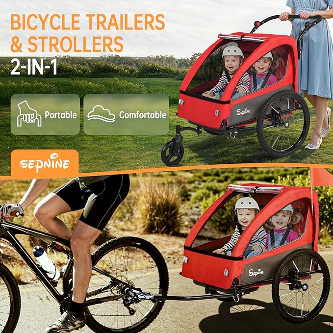 Sepnine 2-in-1 Kids Bike Trailer and Stroller with Suspension – Bike Trailer for 1 to 2 Children, Jogging Function, Foldable, 5-Point Harness, Spacious Storage, with Bug Screen and Weather Shield