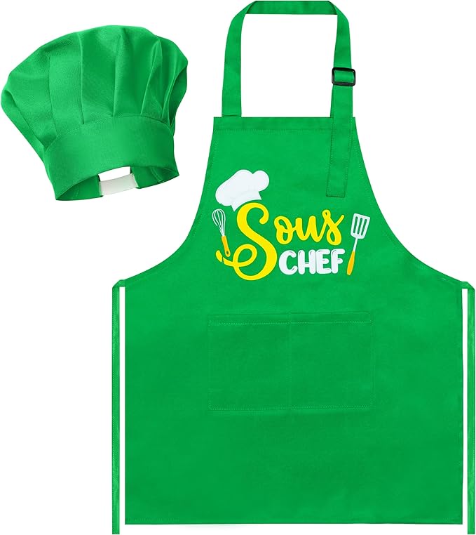 Kid Apron and Chef Hat Set - R HORSE 2Pcs Adjustable Children Green Kitchen Apron, Dress up Role Play Chef Toy Cooking Baking Painting and Training Kits Kid Funny Cooking Gift Birthday Gift for Kids