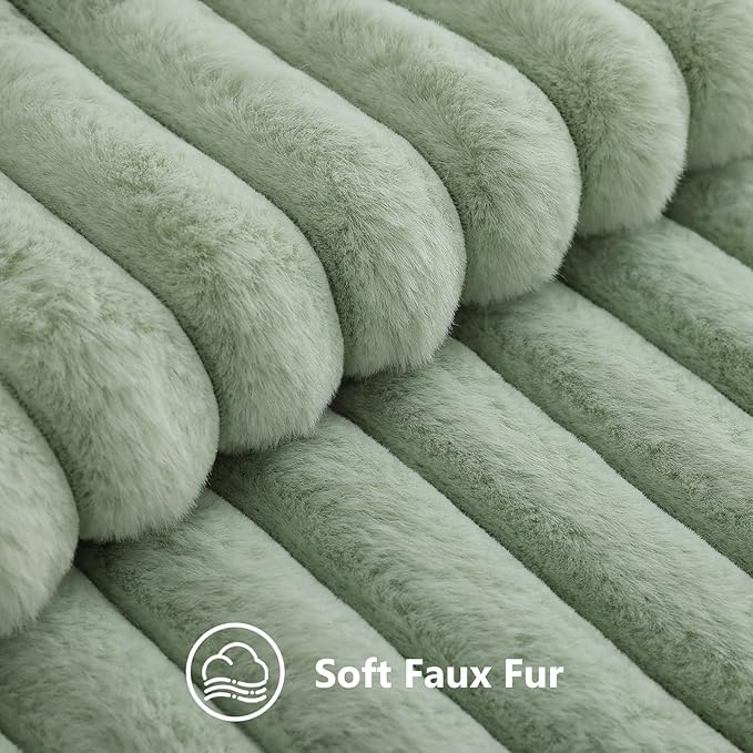 decorUhome Fall Faux Fur Throw Pillow Covers 22x22 Set of 2 Sage Green | Decorative Soft Cozy Striped Plush Modern Farmhouse Boho Couch Pillow Cases Velvet Back for Sofa Bed Living Room Home Decor