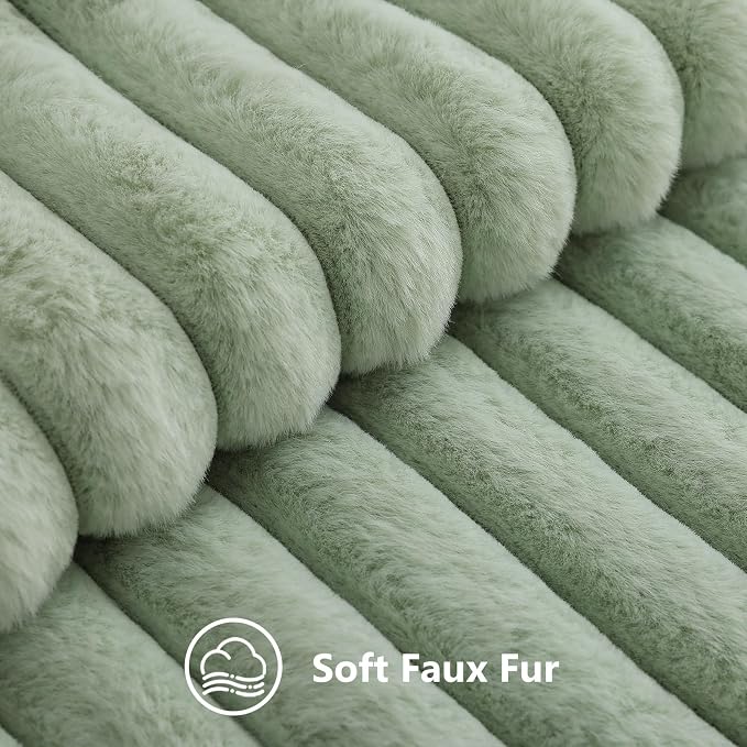 decorUhome Fall Faux Fur Throw Pillow Covers 20x20 Set of 2 Sage Green | Decorative Soft Cozy Striped Plush Modern Farmhouse Boho Couch Pillow Cases Velvet Back for Sofa Bed Living Room Home Decor