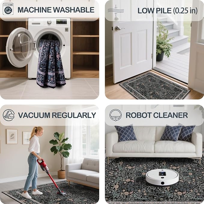 Washable 2' x 6' Runners for Hallways, Non Slip Long Floor Runner for Kitchen, Entryway Indoor, Stain Resistant Rubber Backing Floral Decor Rug (Black)