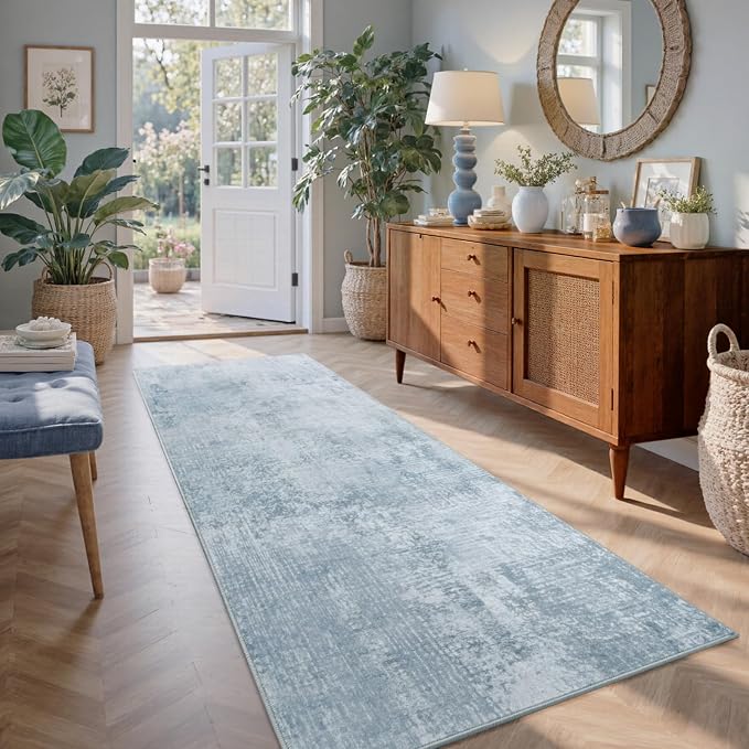 2x6 Ft Washable Runner Rug, Non-Slip Low Pile Hallway Kitchen Area Rug, Soft Long Entryway Floor Mat Abstract Pattern Carpet for Bedside & High-Traffic Areas (Blue)
