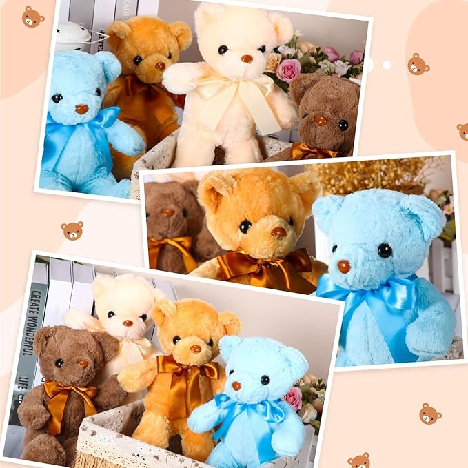 Aoriher 6 Pcs Bear Stuffed Animal Bulk Baby Shower Bear Plush Toys Soft Cute Sleeping and Playing Decorations for Kids Back to School Gift Baby Shower Birthday Party Favor(Beige, Brown, Blue)