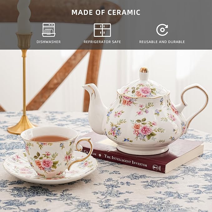 Agyiuns Flower Ceramic Teapot,22oz Porcelain Tea pot for Tea Coffee Milk for Office Home Men Women as Gift(White and small flowers)