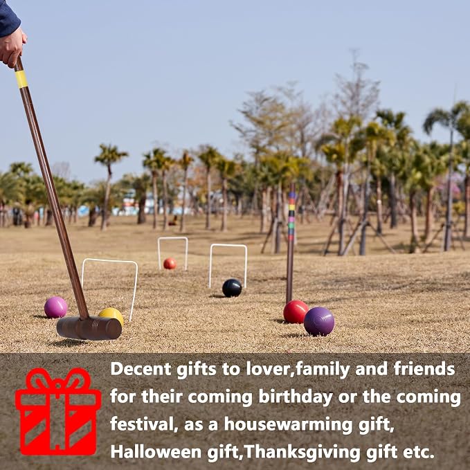 SpeedArmis Deluxe 8 Players Croquet Set with 32In Regulation | 28In Standard Size Rubber Wood Mallets, Colored PE Ball, Wickets, 21In End Stakes - Lawn Backyard Game for Teens/Adults/Family
