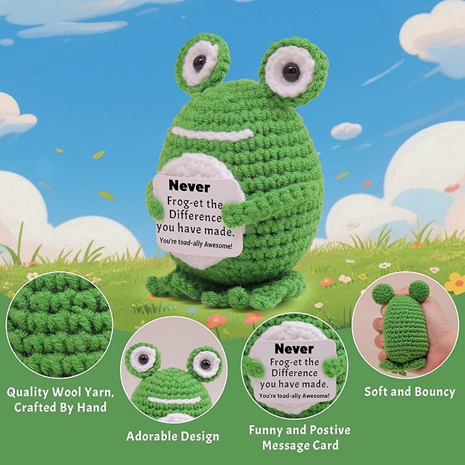 Positive Frog Crochet Gifts, Handmade Cute Frog Toy with Emotional Support Card,Thank You Appreciation Gifts for Women Friends,Retirement Leaving Going Away Farewell Gift for Teacher Coworker