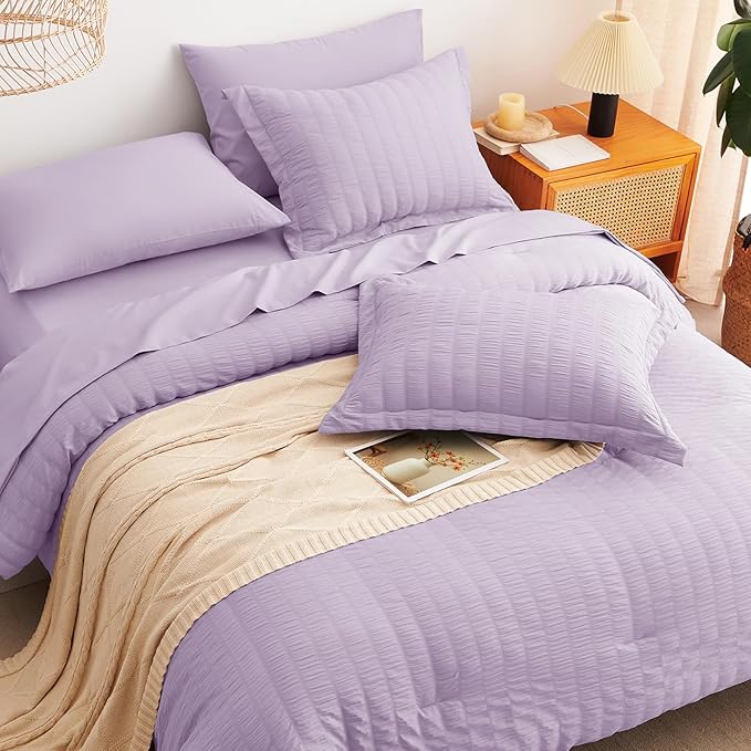 CozyLux Queen Comforter Set Light Purple Seersucker 7 Pieces Bed in a Bag Queen Comforter Set with Sheets, Lavender Luxury Bedding Sets with Down Alternative Comforter, Sheets, Pillowcases & Shams