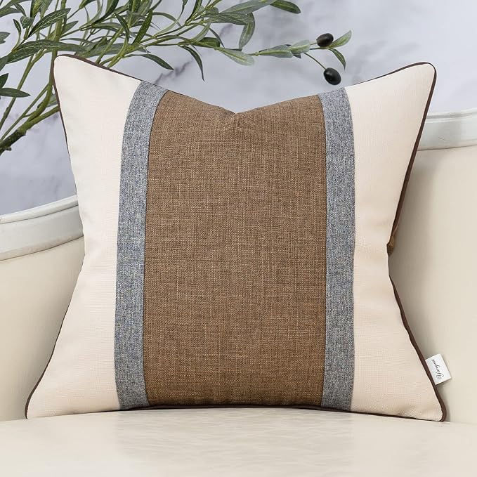Patchwork Pillow Cover 18x18 Inch Luxury Cotton and Linen Cushion Cover Square Pillowcover for Couch Bedroom Living Room, Brown