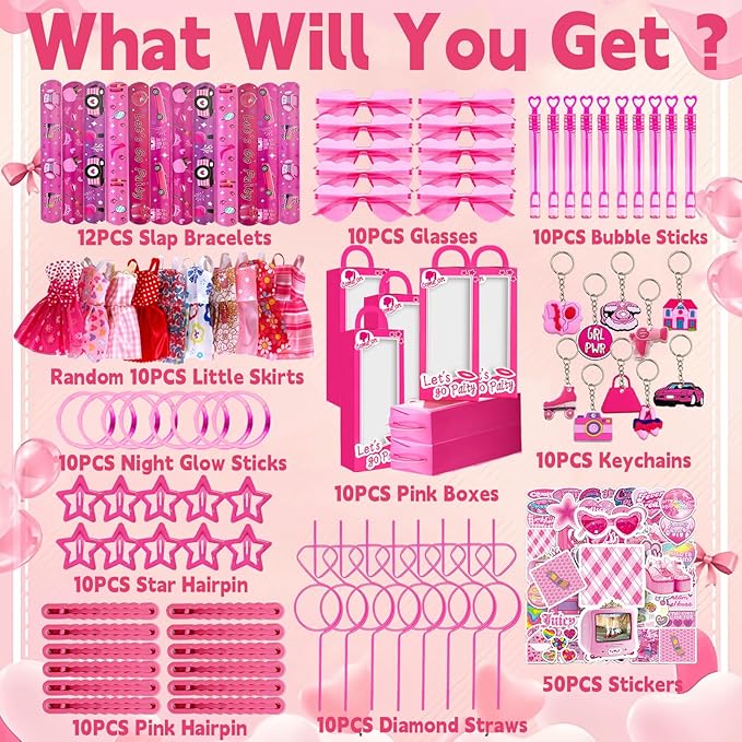 152pcs Pink Party Favors for People, Birthday Party Favors Kit Keychain Bracelet Bubble Stickers Straws Heart Sunglasses Little Skirt Hot Pink Princess Birthday Party Supplies
