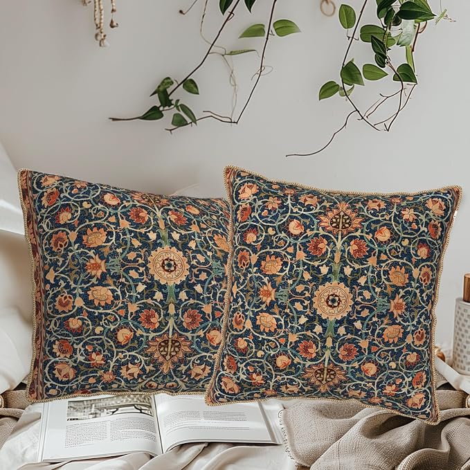 Vintage Floral Soft Velvet Throw Pillow Covers Set of 2 Burnt Orange Navy Flowers Plant Decorative Pillow Covers 16x16 Inch Art Botanical Pillow Case For Sofa Couch Outdoor Farmhouse Home Decor