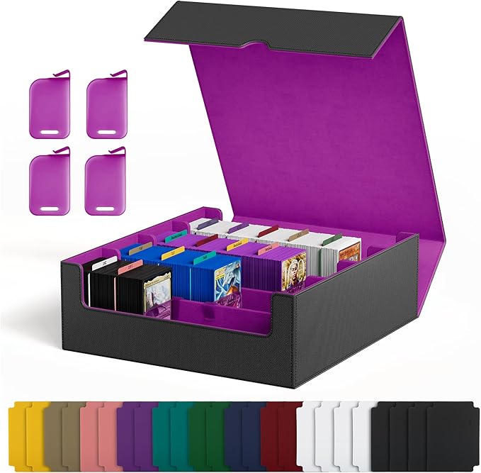UAONO Trading Card Storage Box, Holds 2400 Sleeved Cards with 24 Dividers & 4 Stoppers, Magnetic Closure PU Leather Card Case for MTG, PTCG, YGO, Sports Cards (Black&Purple)