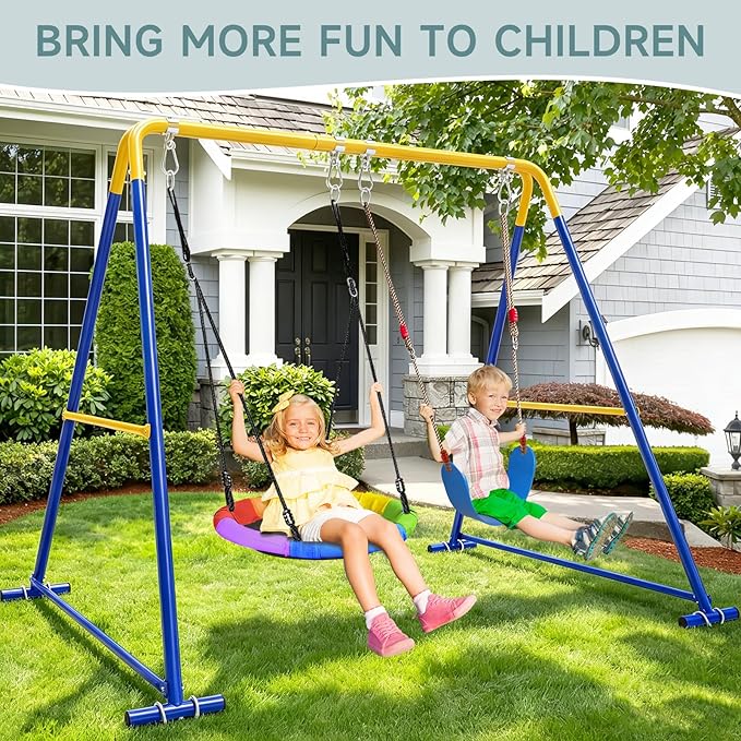2-in-1 Swing Set for Backyard for Kids, with 1 Platform Swing, 1 Belt Swing, 440lbs Metal Swing Set for Toddler, Heavy-Duty Swing Stand w/8 Ground Stakes, Outdoor Swingset for Kids Adults (Blue)