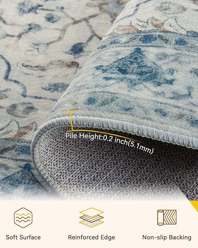 RELEANY Area Rugs Square 4ft Washable Non-Slip, Floral Vintage Distress Medallion Carpet for Living Room Bedroom Dining Room, Light Blue Navy Gray White